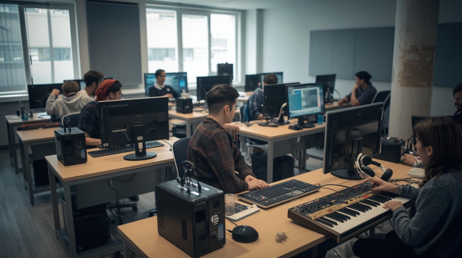 aula scolastica di laboratorio musicale digitale attrezzata, studenti distribuiti alle postazioni mentre lavorano su produzione musicale, banchi con tastiere midi, computer con software