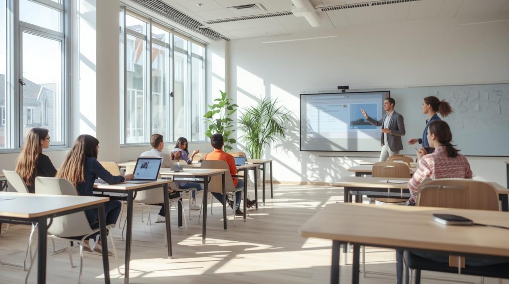 “create a professional, modern, and engaging educational video. scenes of classrooms, students interacting with digital devices, teachers using interactive whiteboards, and collaborative lear