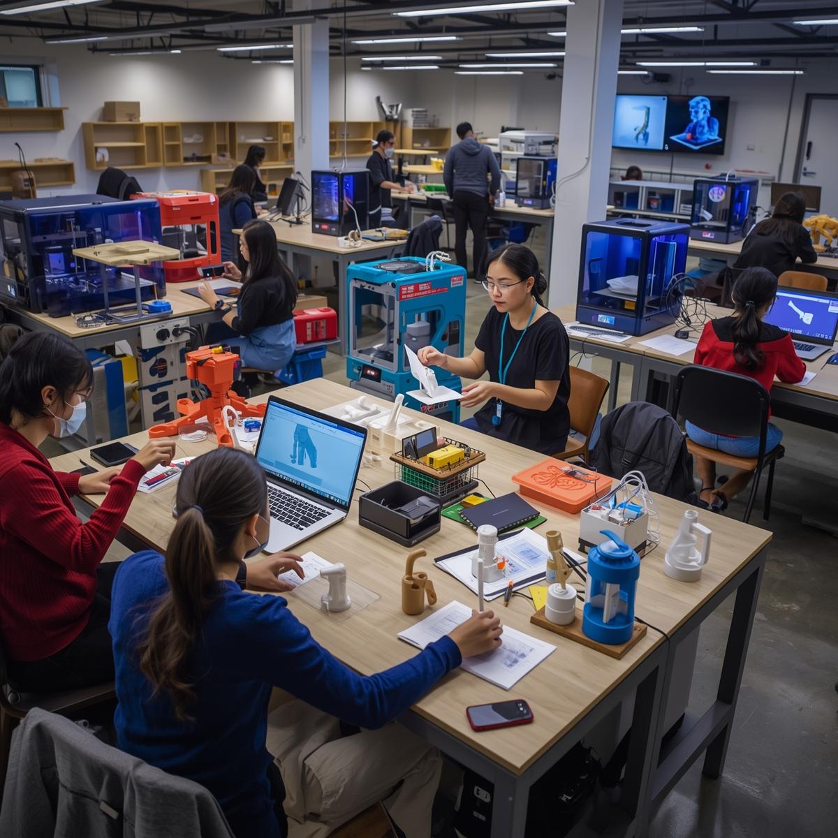 educational makerspace in a european technical high school, students designing and assembling prototypes, multiple 3d printers printing plastic models, laptops running cad software, engineering tools