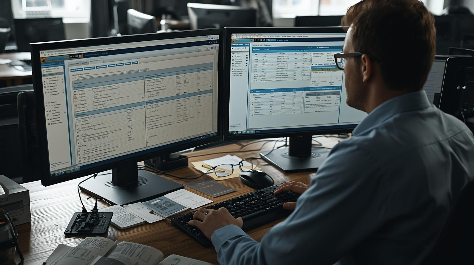 it administrator working in a real office environment, reviewing user access permissions and system logs on dual monitors, realistic interface (login management, user roles, activity lo