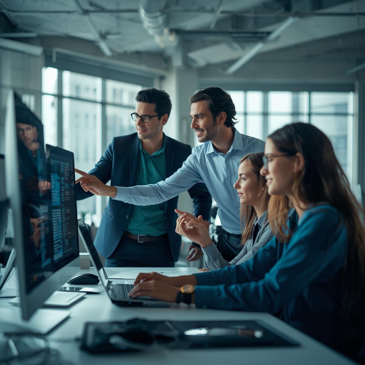 it professionals discussing infrastructure in office, one pointing at screen with system overview, collaborative working environment, realistic corporate setting, natural lighting, real