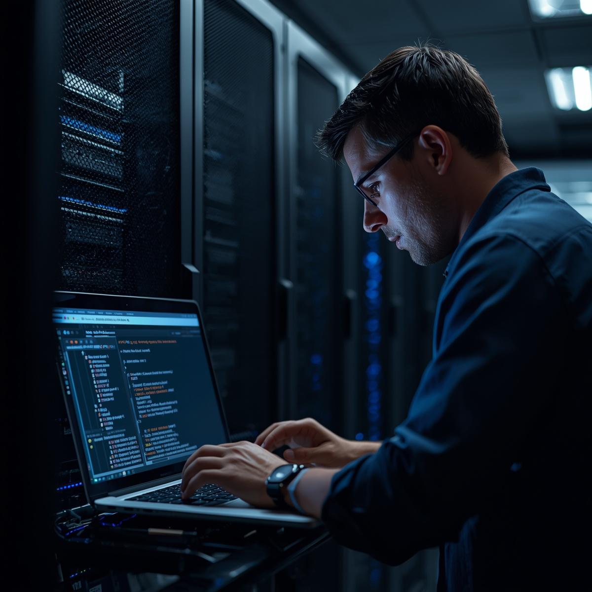it technician checking systems with laptop in front of server rack, reviewing logs or configurations, calm and controlled environment, focus on analysis activity, realistic lighting, pr