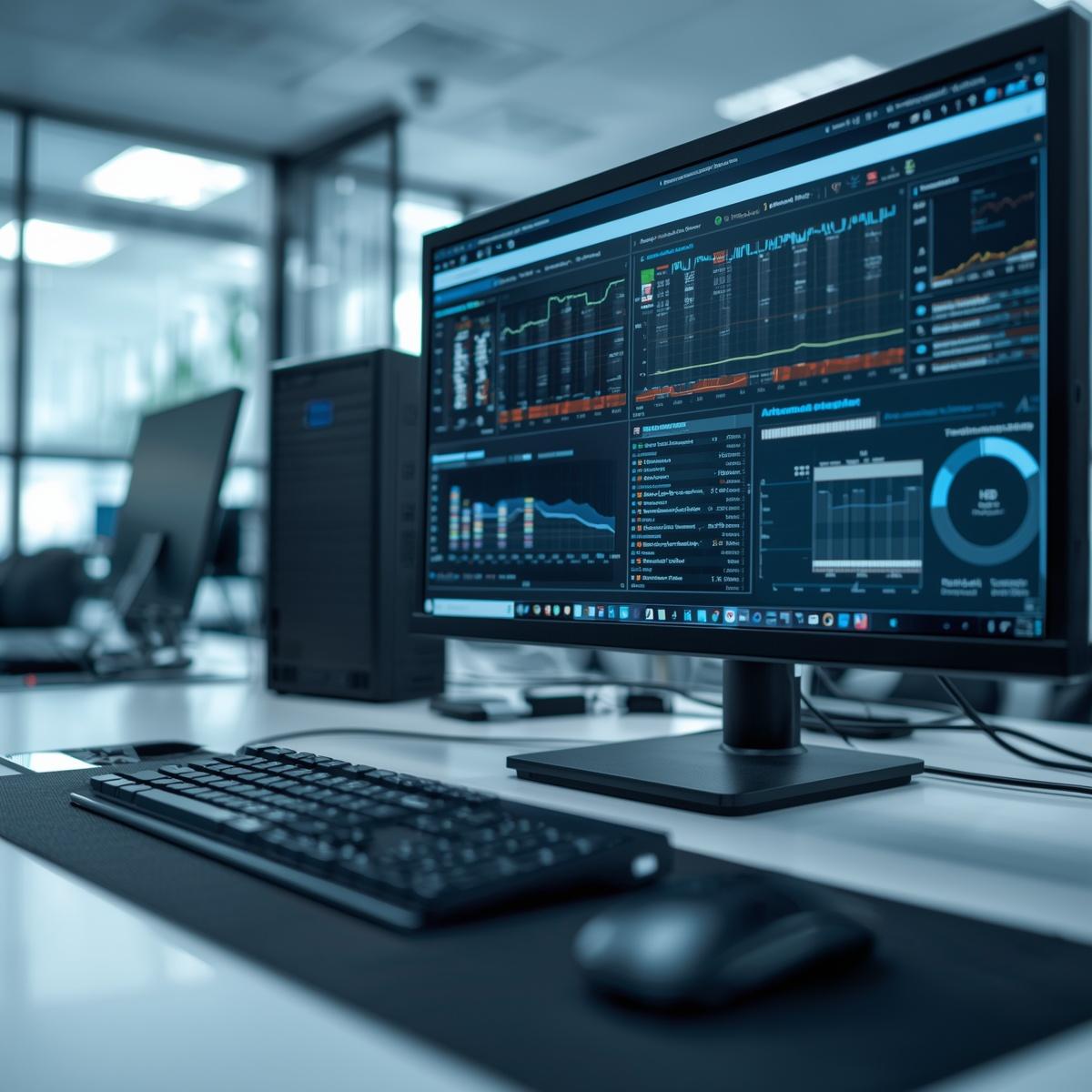 it workstation with monitoring dashboards on screen, technician desk with keyboard and mouse, system status visible on monitor (realistic ui), clean but used environment, no people focu