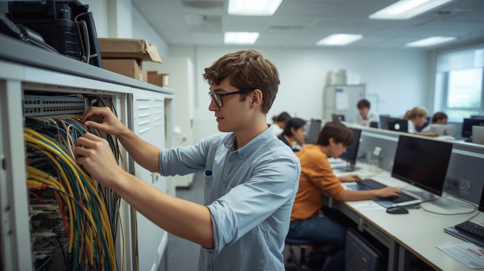 laboratorio con studenti impegnati in attività di networking, uno studente collega cavi ethernet a uno switch mentre altri lavorano al pc, atteggiamenti naturali e non in posa, ambiente