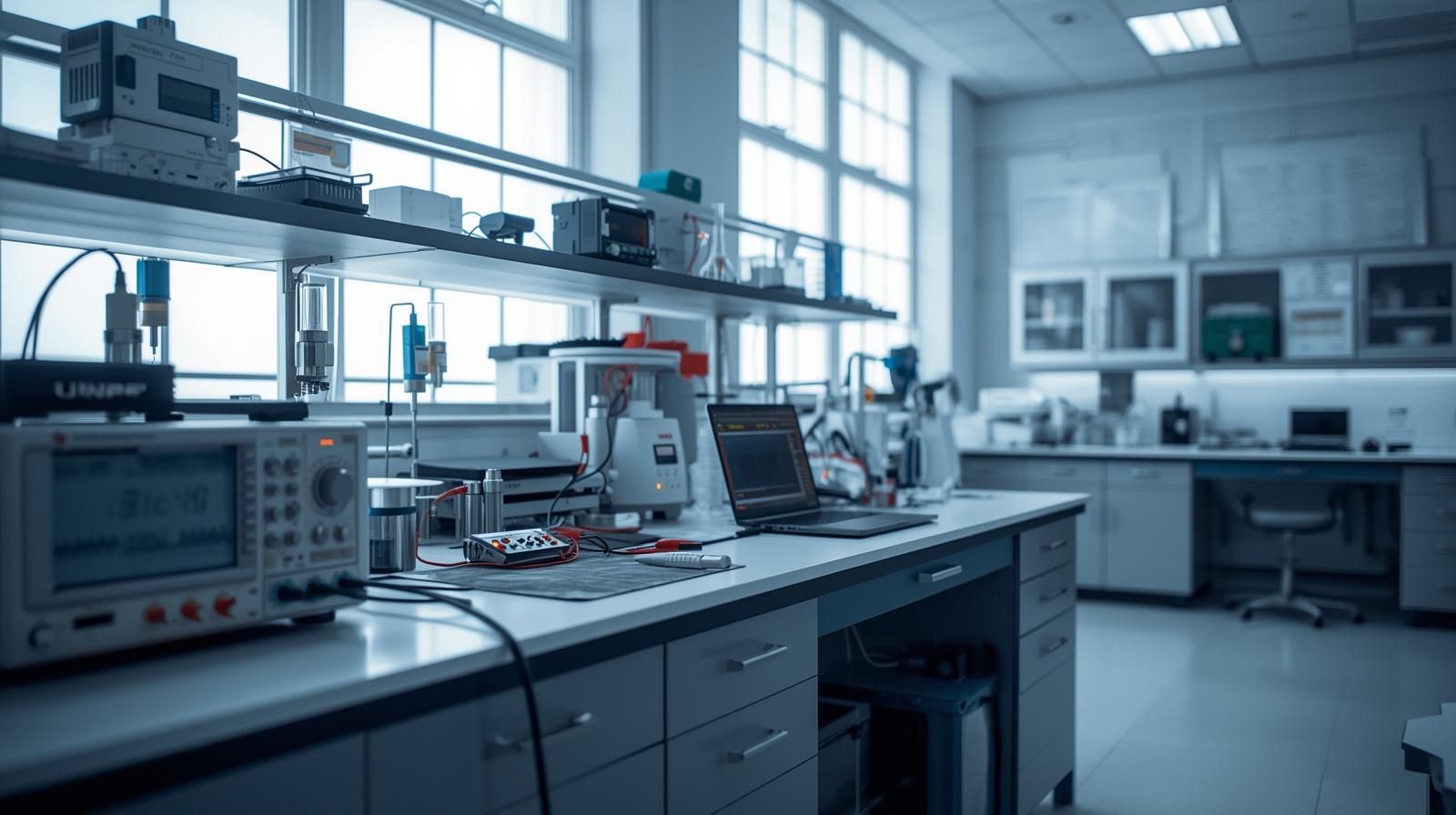 laboratorio di fisica moderno, ordinato e professionale, banco di lavoro con strumenti di misura scientifici (oscilloscopio, sensori, multimetro digitale, acquisizione dati su laptop),