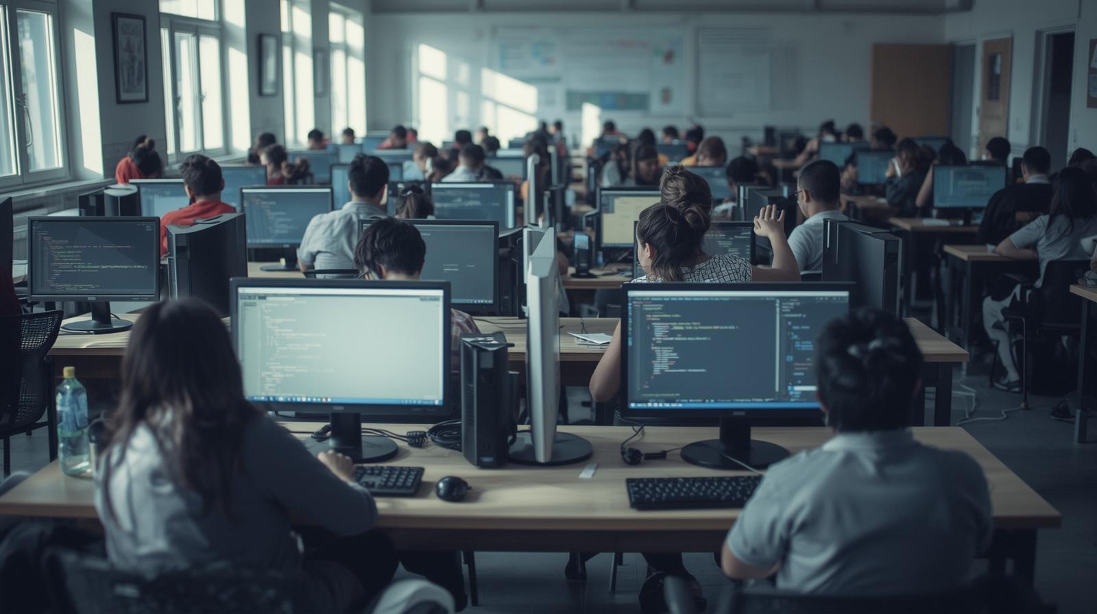 laboratorio di informatica con studenti impegnati in attività di coding, vista ampia dell’aula con file di banchi e postazioni pc complete, monitor accesi con editor di codice aperti, s