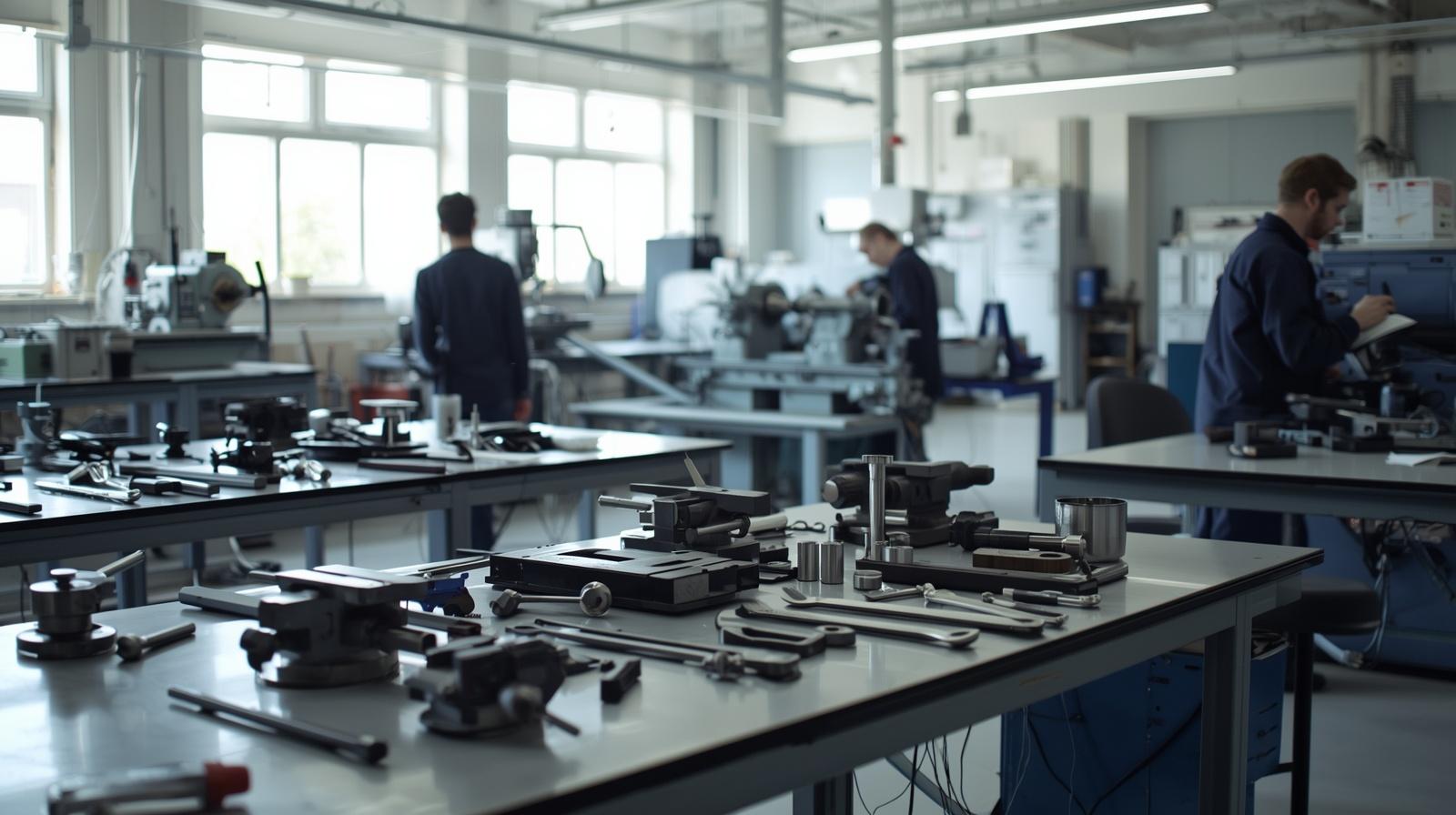laboratorio di meccanica in istituto tecnico, ambiente pulito e ben organizzato, banchi da lavoro con utensili disposti in modo ordinato (morse, chiavi, strumenti di misura), macchine u
