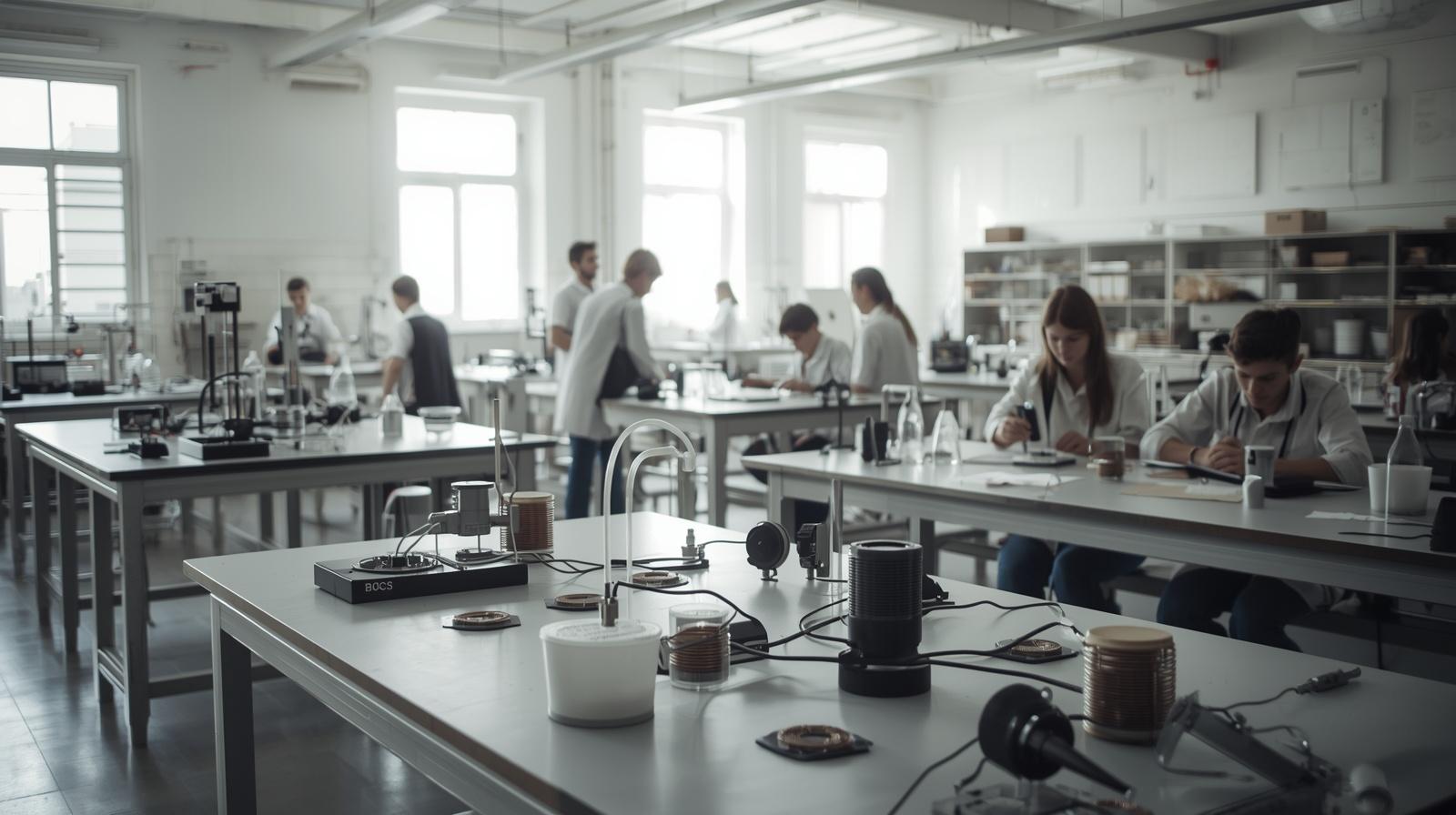 laboratorio scolastico di fisica con esperimenti di ottica, elettromagnetismo e acustica, banchi attrezzati con setup diversi (laser su banco ottico con lenti e specchi, bobine e magnet