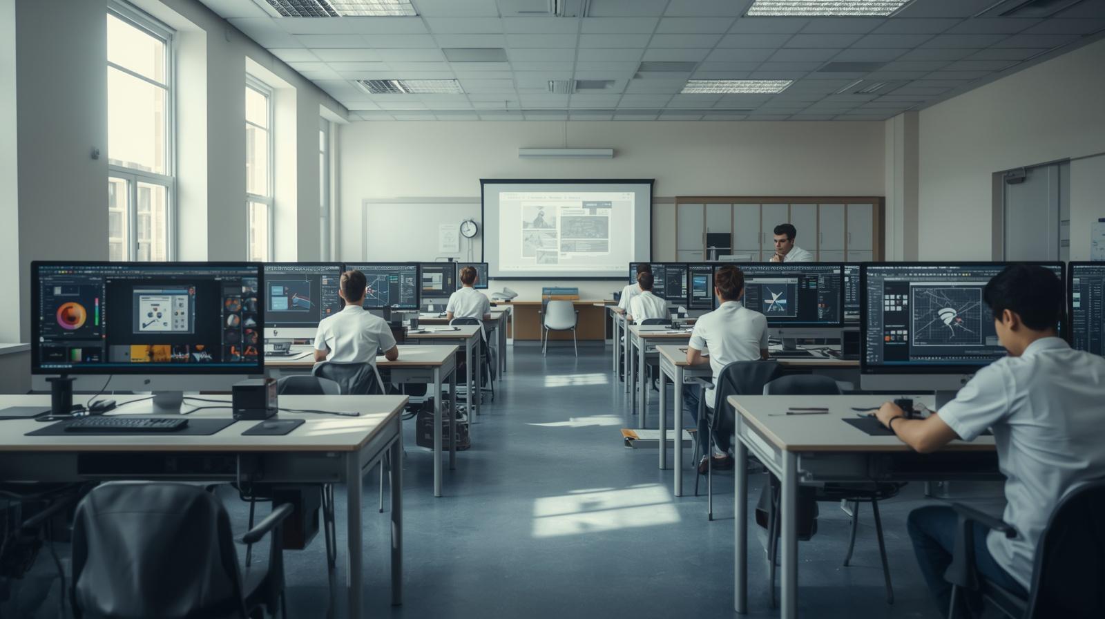 laboratorio scolastico di grafica digitale, aula con postazioni pc attrezzate per progettazione visiva, monitor ampi con software di grafica aperti (interfacce plausibili), t