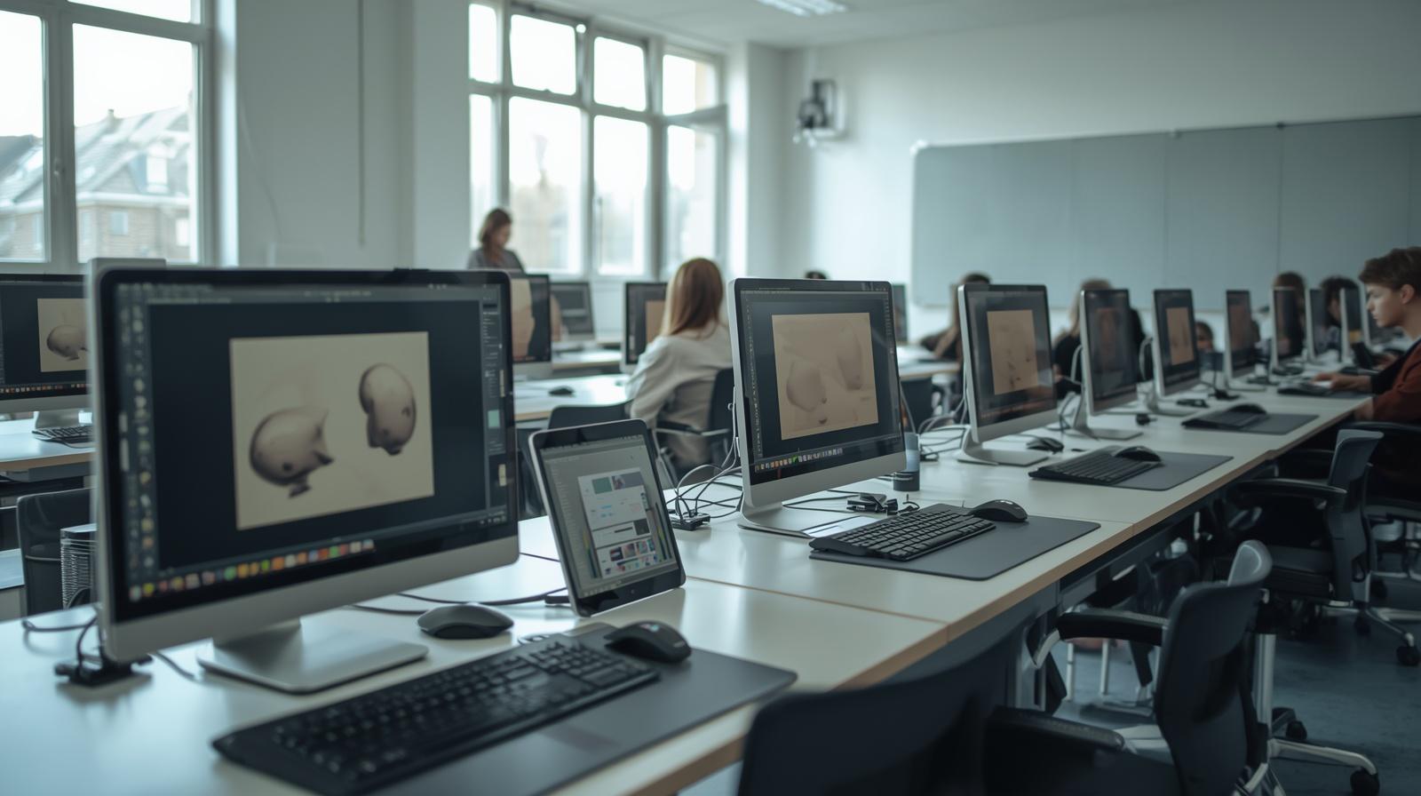 laboratorio scolastico di grafica digitale, aula con postazioni pc attrezzate per progettazione visiva, monitor ampi con software di grafica aperti (interfacce plausibili), tavolette gr
