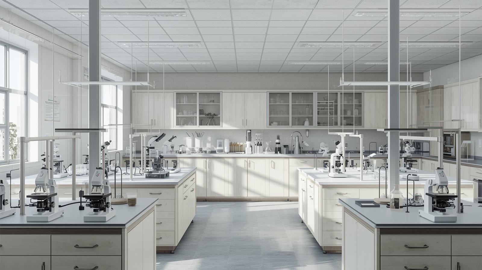 laboratorio scolastico di scienze integrate, banchi attrezzati per chimica e biologia nello stesso ambiente, presenza di microscopi, vetreria da laboratorio (becher, provette), supporti