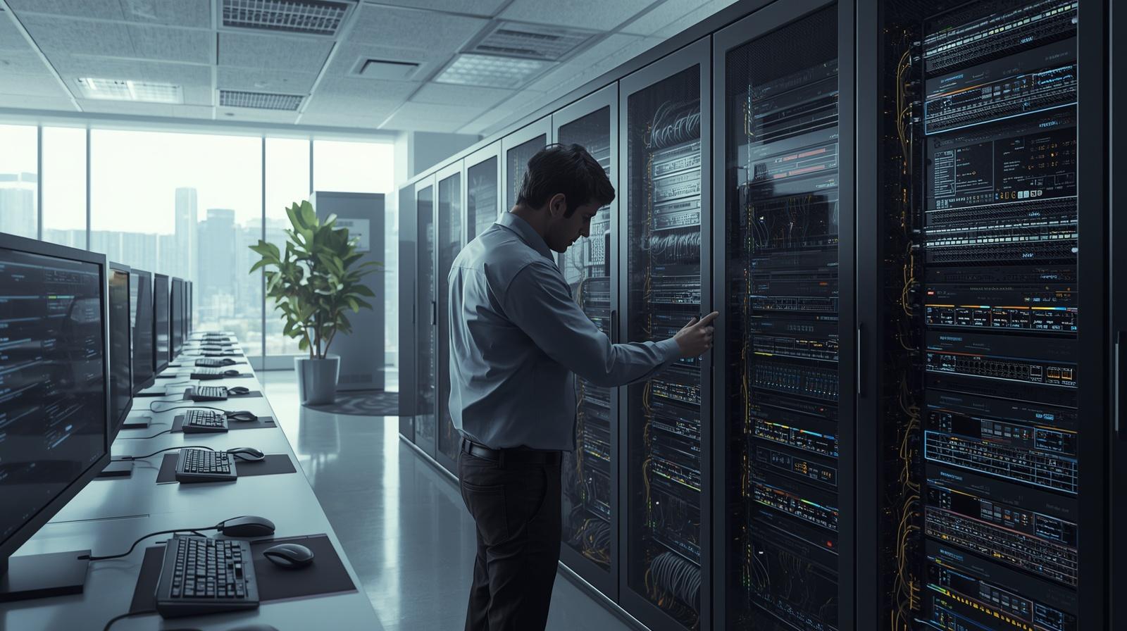 modern it workspace with integrated infrastructure, technician configuring network cabinet, servers and switches visible, computer screens with system interfaces, clean and professional