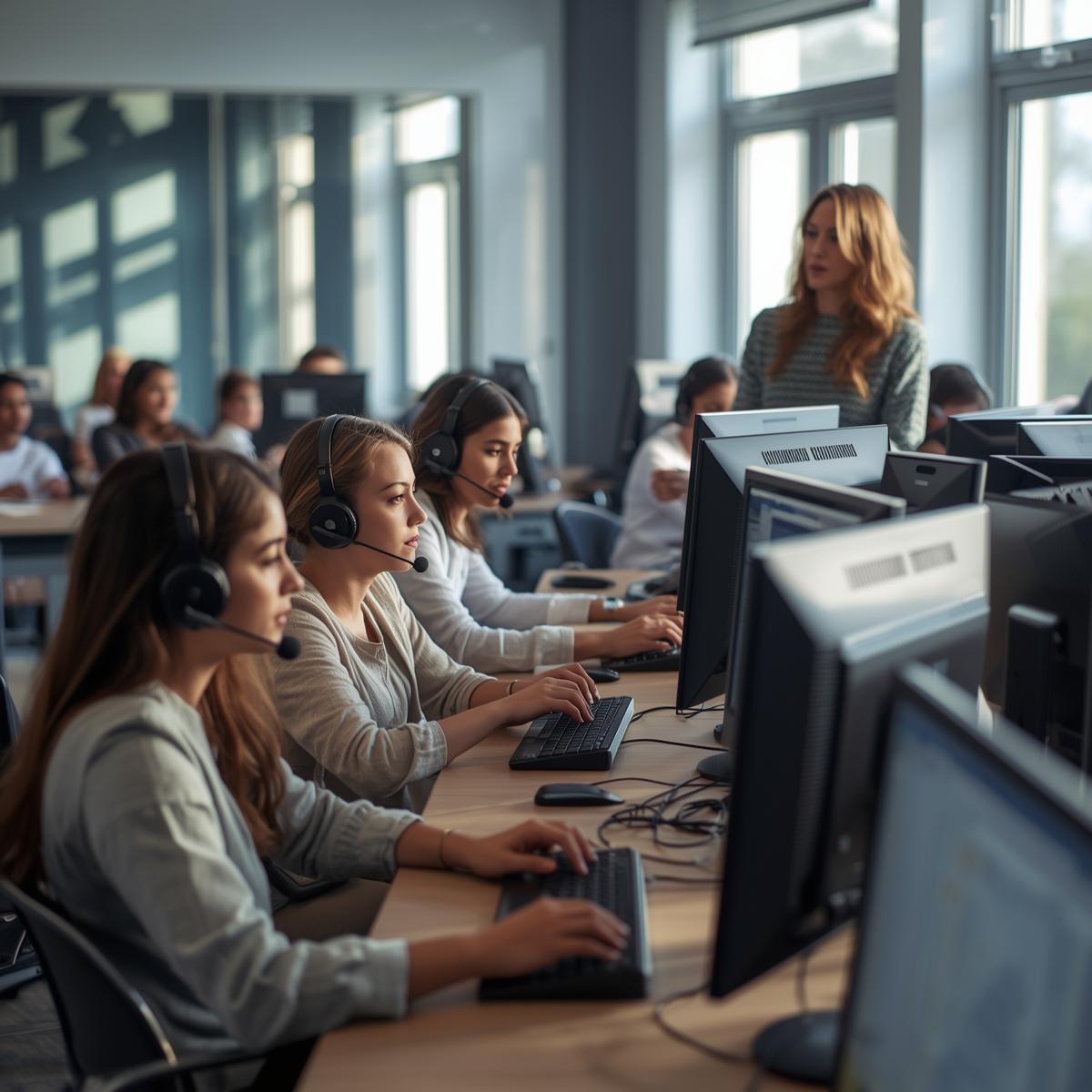 modern digital language laboratory in a european high school, students seated at computer stations wearing headphones and microphones, teacher monitoring the lesson from a central console, langua (1)