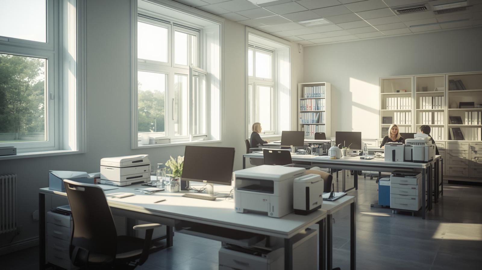 modern school administrative office, italian public school environment, clean and organized desks, dual monitors, printer scanner, documents and folders neatly arranged, staff working c
