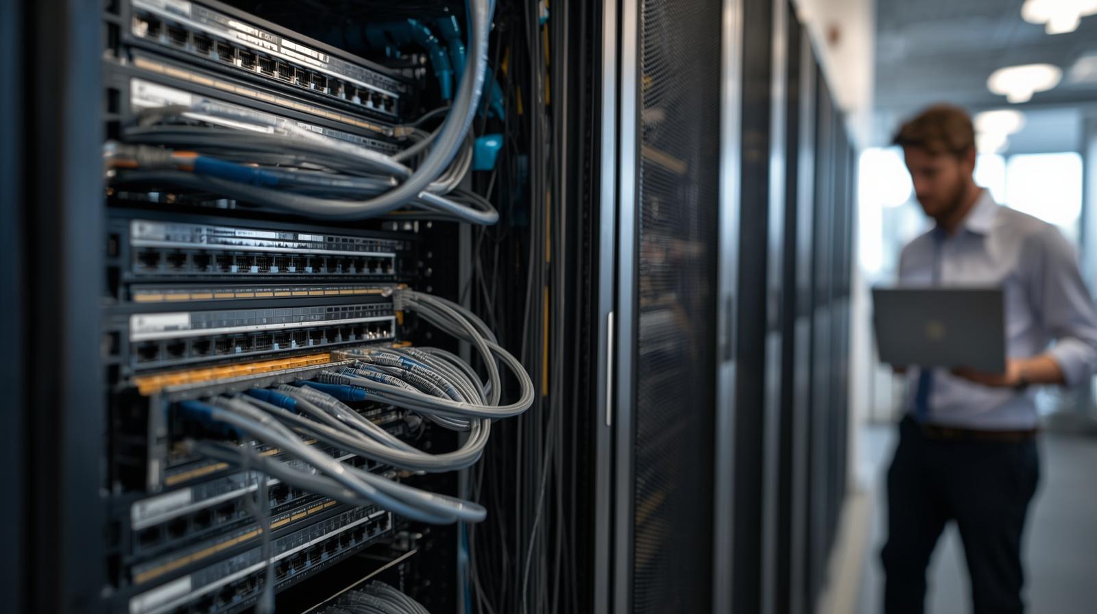 real network infrastructure setup in a professional environment, structured cabling with labeled ethernet cables, patch panels and switches inside an open rack cabinet, organized but re