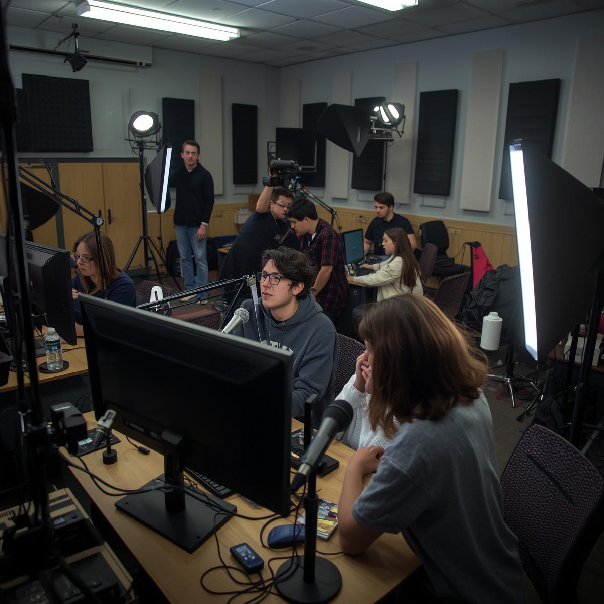 realistic multimedia production classroom in a high school, students editing video on powerful desktop workstations with large monitors, microphones, cameras and led panels visible in the room, profe