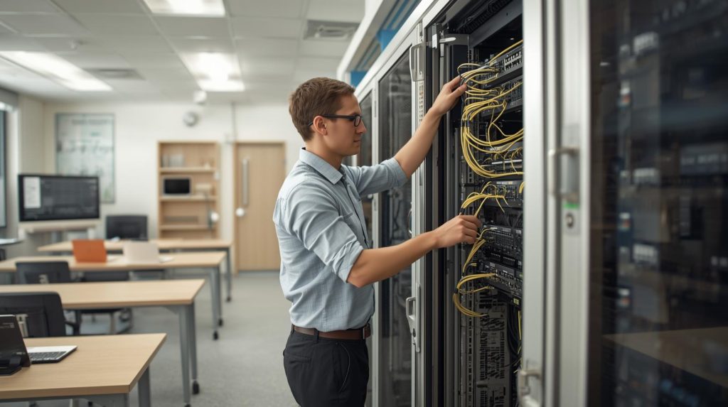 realistic scene of a school it technician working in a modern classroom or school office, installing or configuring a server rack and lan equipment. visible elements network cables, switche