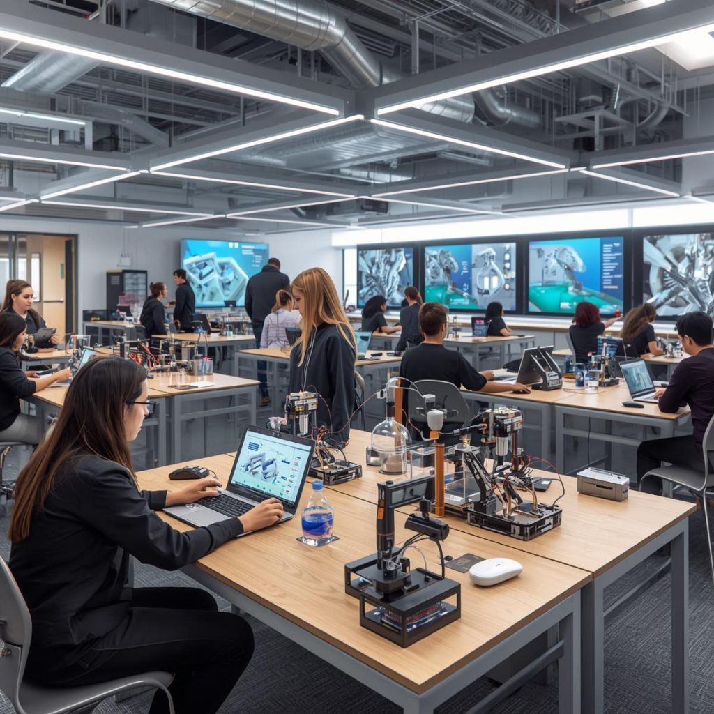 stem laboratory in a european secondary school, students experimenting with sensors, digital measuring tools and laptops, interactive displays showing scientific simulations, robotics kits and sc