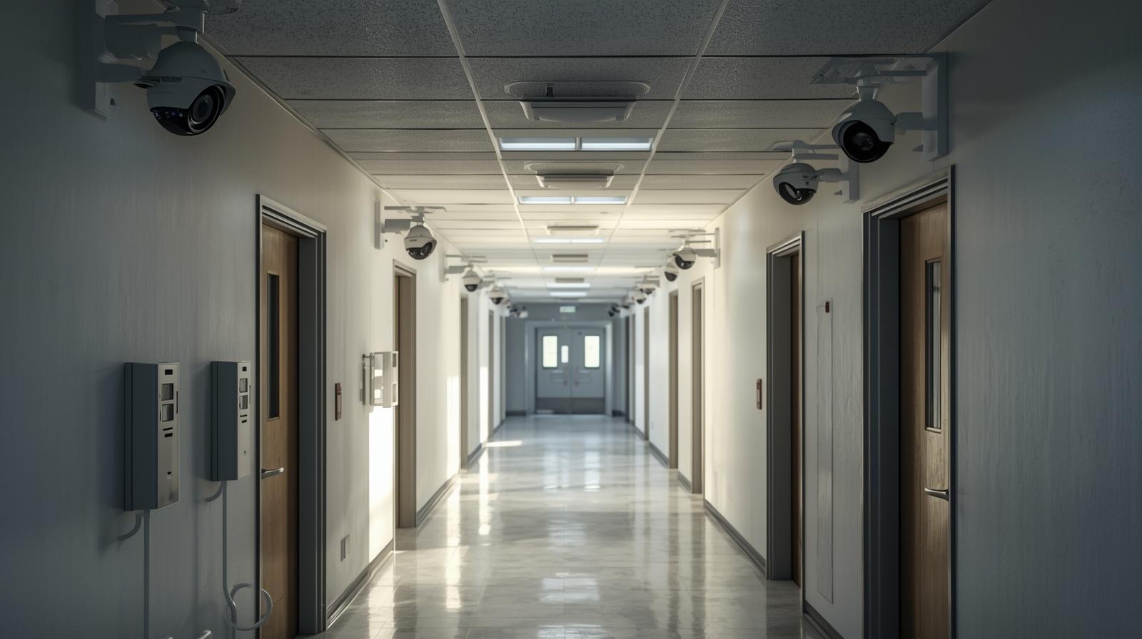 security systems in a medium sized building (school or office complex), multiple cctv cameras installed along corridors and common areas, access control points at entrances (badge reade