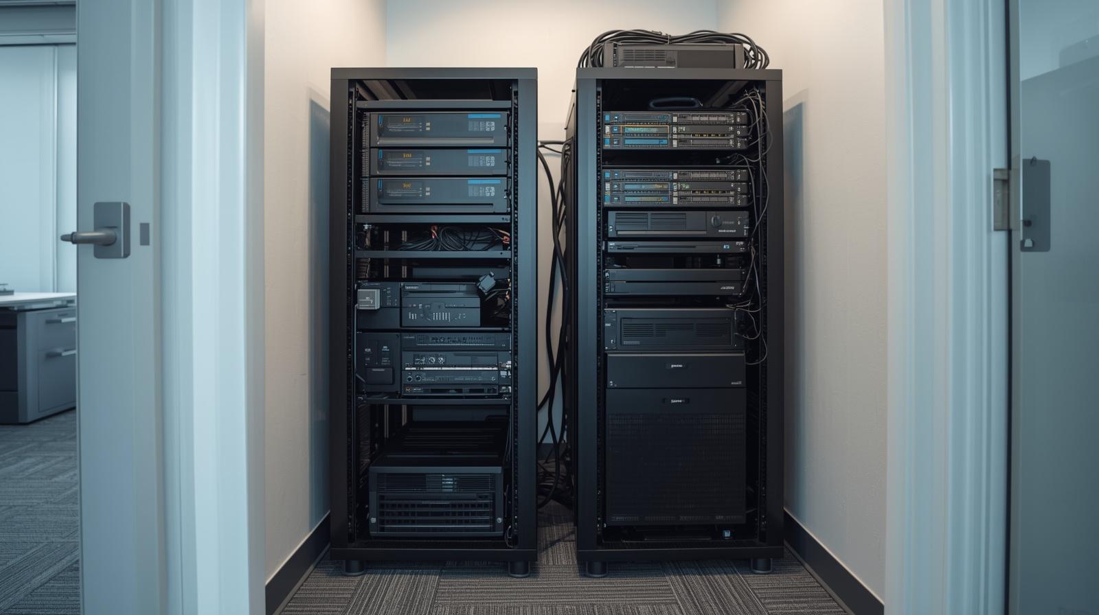 small business server room, one or two server racks only, compact setup with rack mounted servers, nas storage, network switch and ups, visible but organized cabling, realistic offi (1)