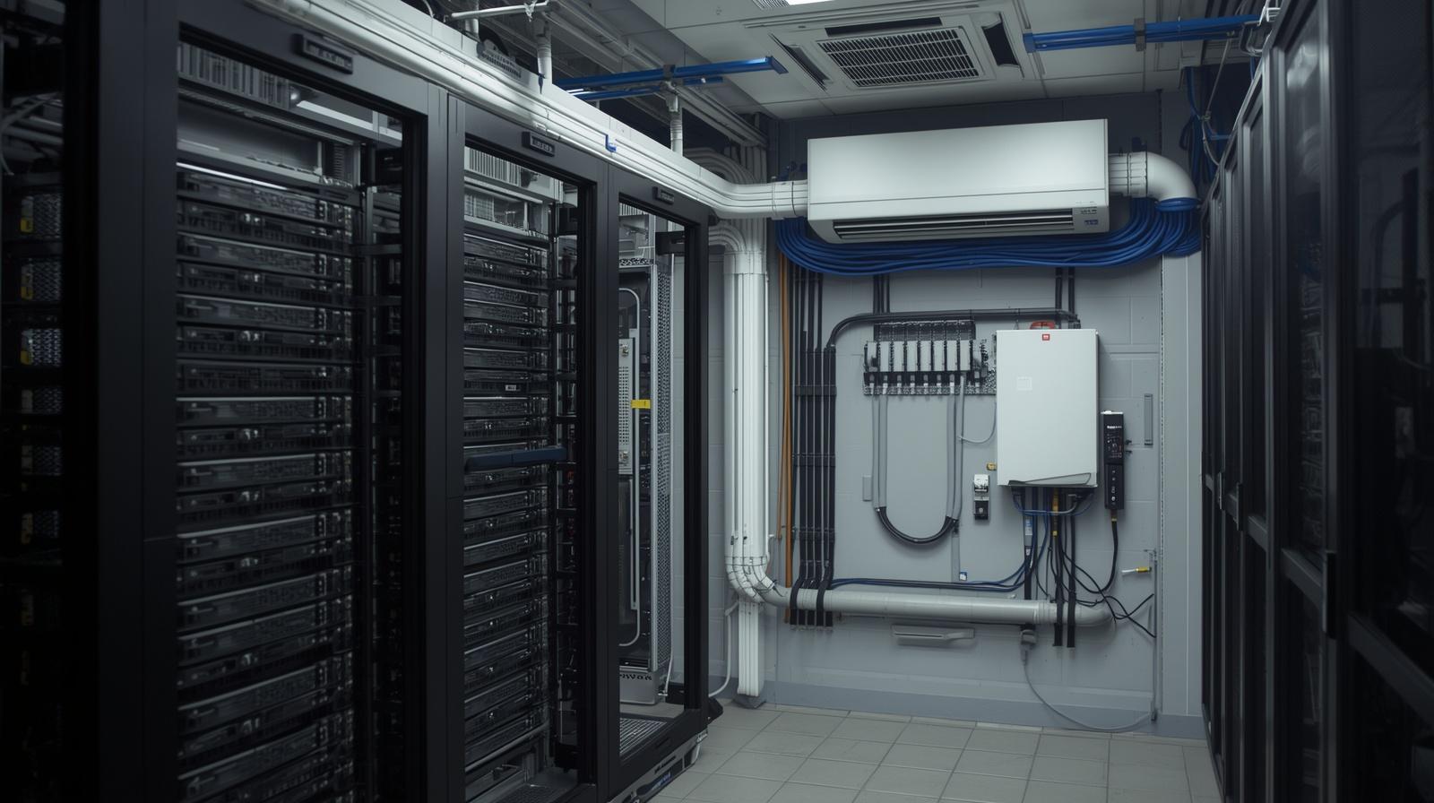 technical room supporting it infrastructure, server rack with ups units, electrical panels, visible power distribution, air conditioning system for equipment cooling, clean but realisti