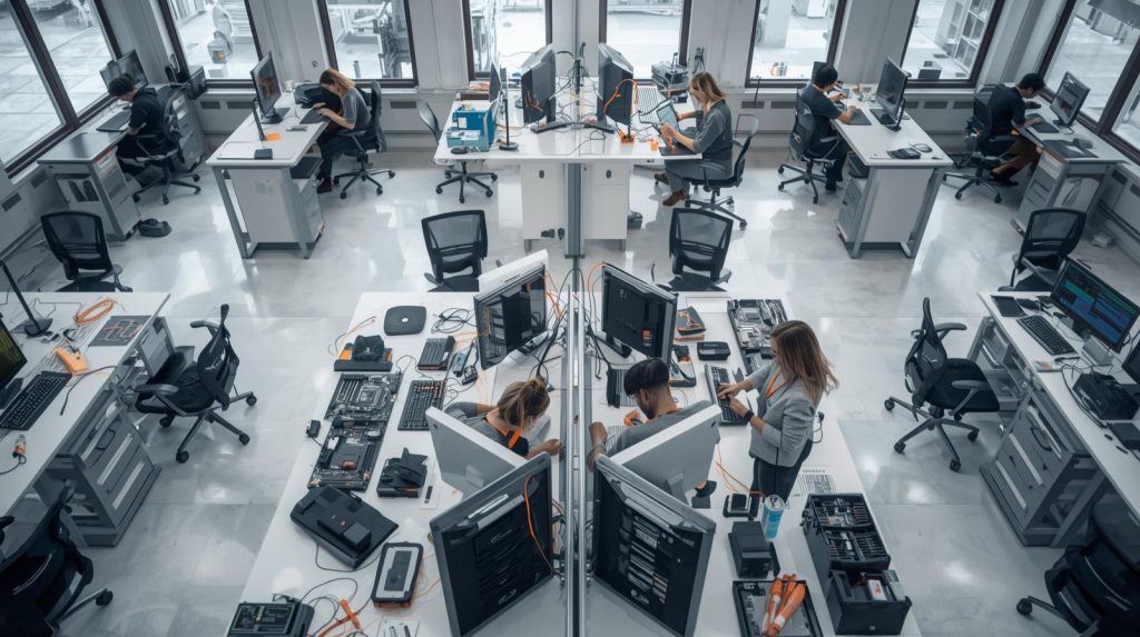 ultra realistic image representing professional it hardware services. technicians and engineers working on desktops, laptops, tablets, and workstations in a clean, modern workspace. toolkits, mothe