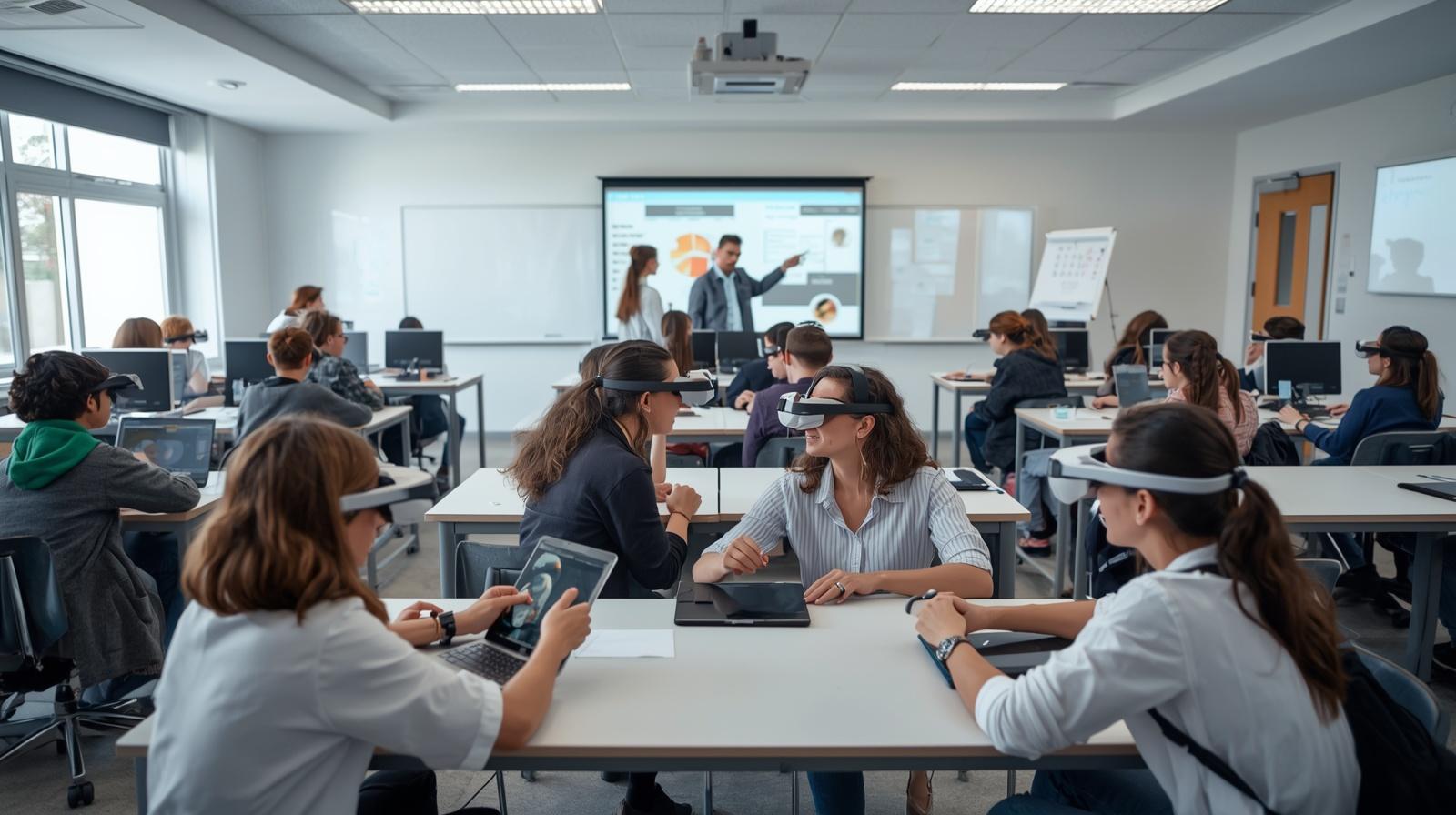 aboratorio scolastico di realtà aumentata in liceo, studenti che collaborano in piccoli gruppi utilizzando visori ar leggeri e penne digitali su tablet, lim sullo sfondo con contenuti d