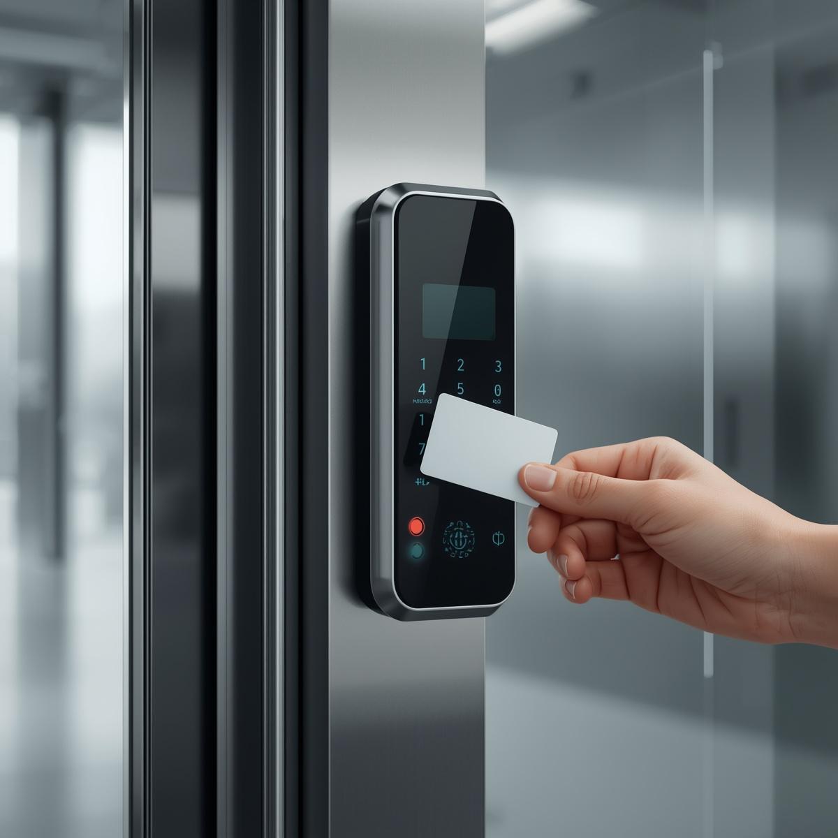access control system at office or building entrance, badge reader next to secure door, hand holding access card (no face visible), realistic installation, clean environment, visible de