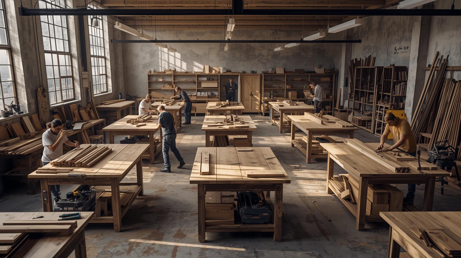 artisan woodworking training lab in a technical school, students working with wood using professional tools and workbenches, visible materials like raw wood, tools and partially finishe