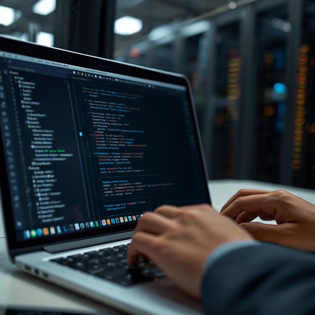 close up of laptop screen with system configuration interface, terminal or management dashboard visible (realistic ui), hands typing on keyboard, infrastructure environment in backgroun