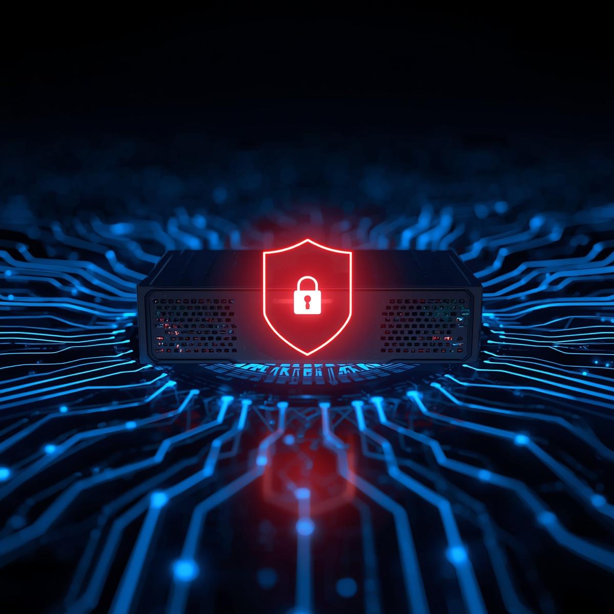 cybersecurity concept with firewall hardware device, glowing protection shield interface, dark background with blue digital lines, secure network concept, modern it security, realistic,