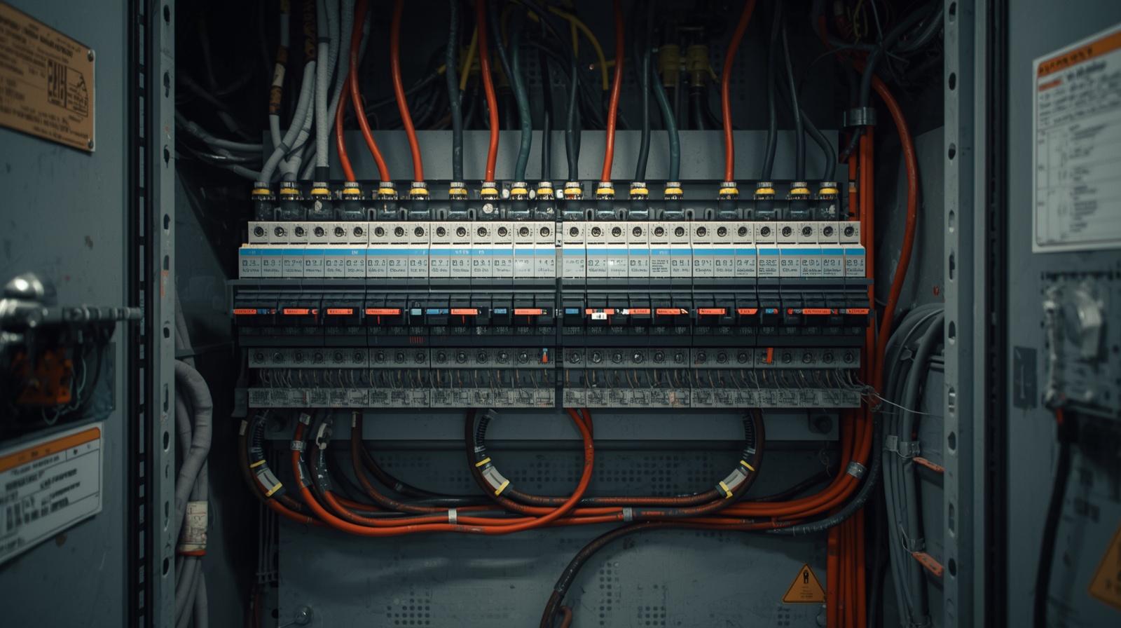 industrial electrical installation, open electrical cabinet with breakers and wiring, labeled cables, structured power distribution, real installation environment, slight imperfections,