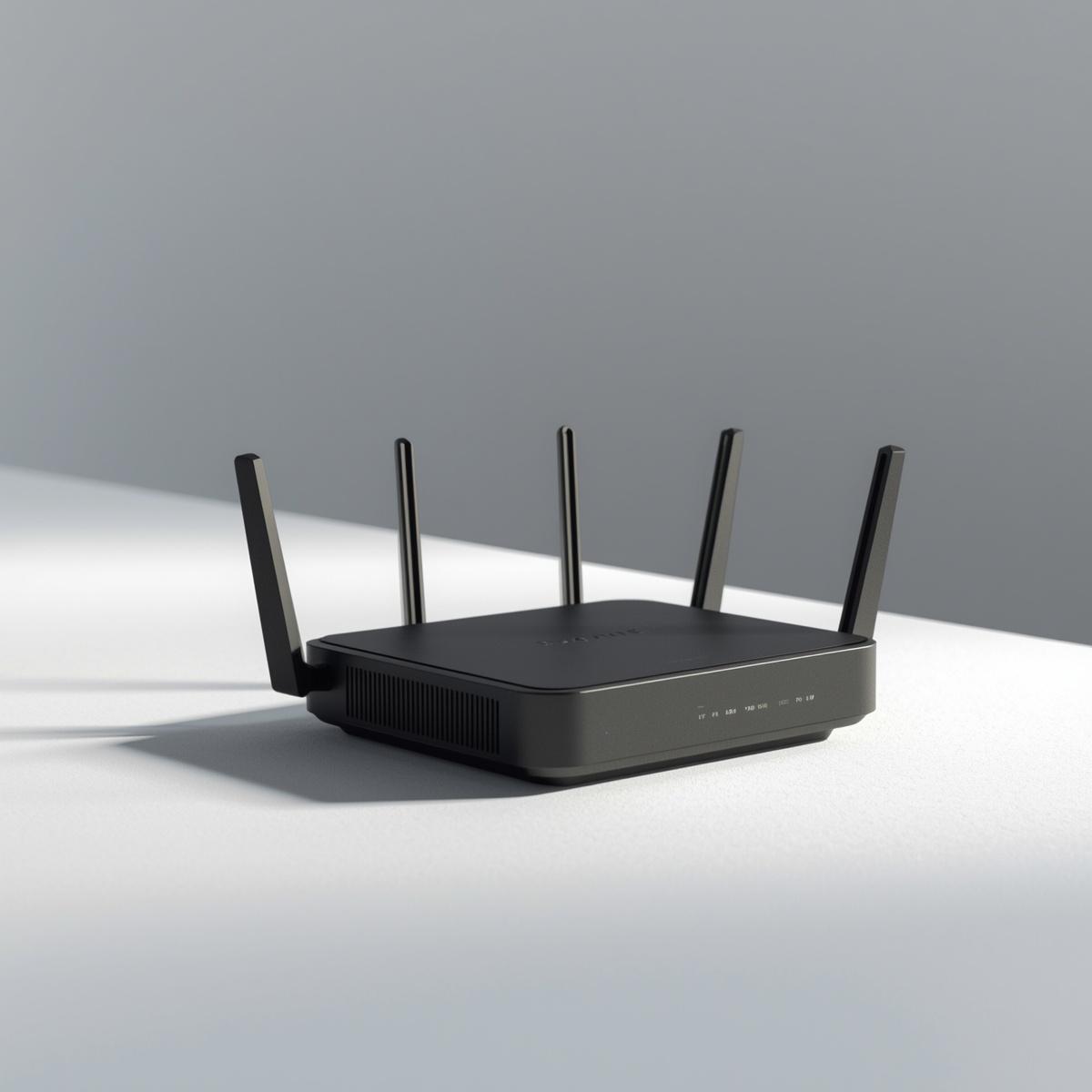 minimalist professional router and gateway device on clean desk, matte black design, soft studio lighting, neutral background, modern networking equipment, high detail, realistic, no pe