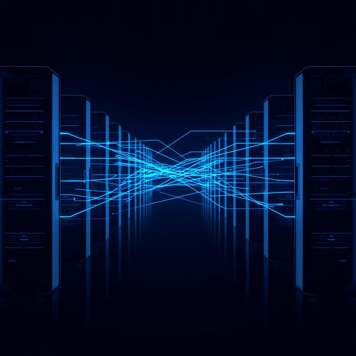 network load balancing concept, multiple data streams flowing between servers, abstract digital connections, blue neon lines, high tech infrastructure, data flow visualization, clean an