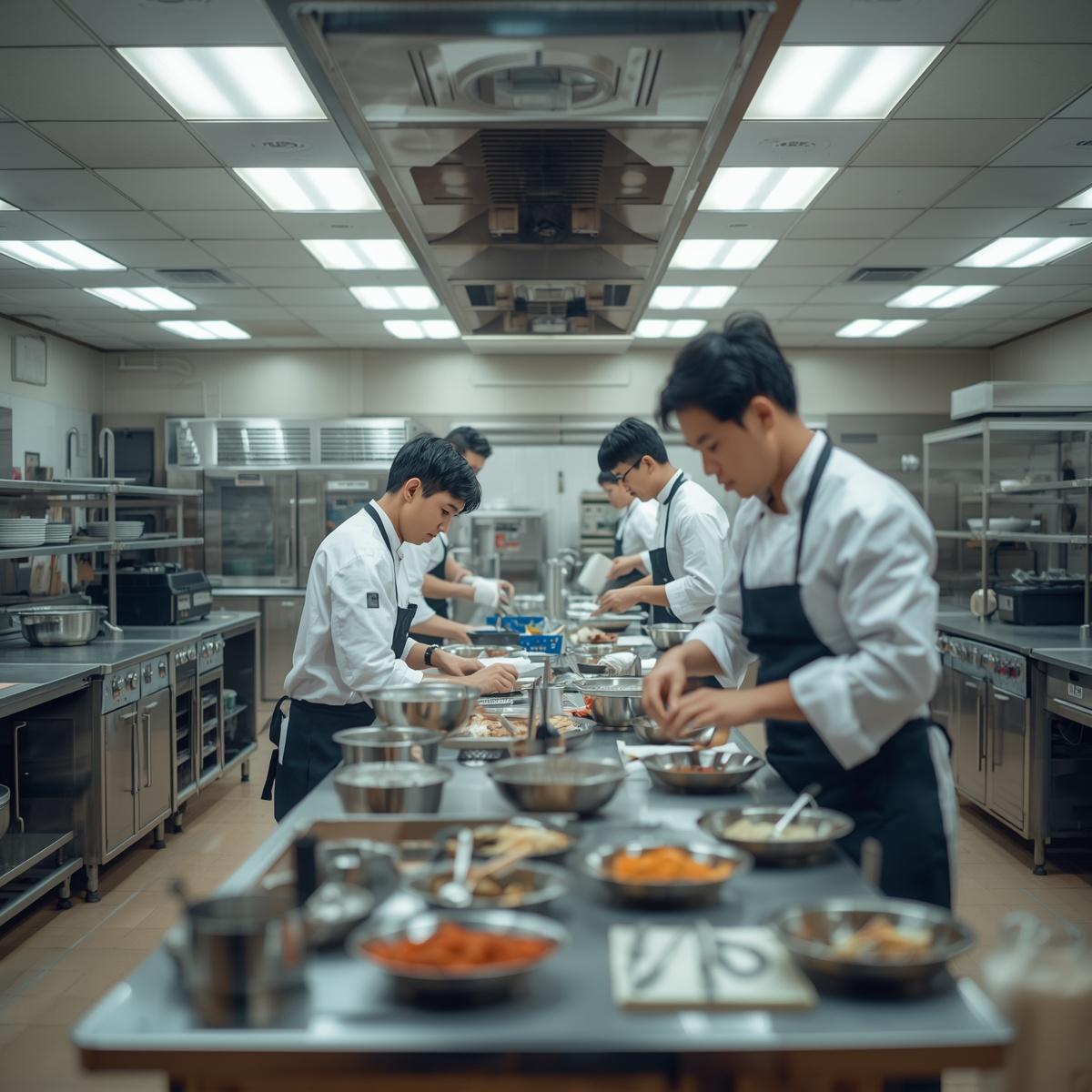 professional culinary training lab in a technical school, stainless steel kitchen environment, students working with chef uniforms preparing dishes, visible professional equipment (oven