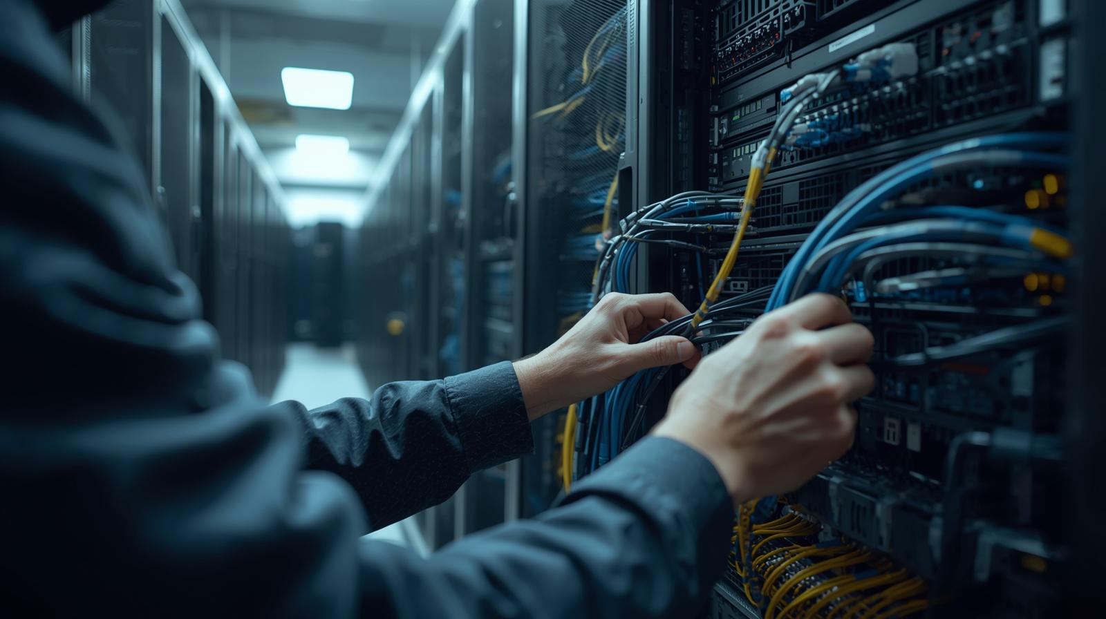 real enterprise it infrastructure environment, server racks with structured cabling and networking equipment, technician hands working on cables (no face visible), clean but realistic s