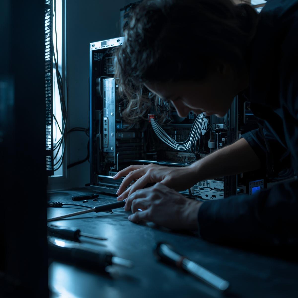 real photo, not render, professional it environment, corporate setting, neutral and cool tones, soft natural lighting, slight imperfections, no digital overlays, no futuristic effects,