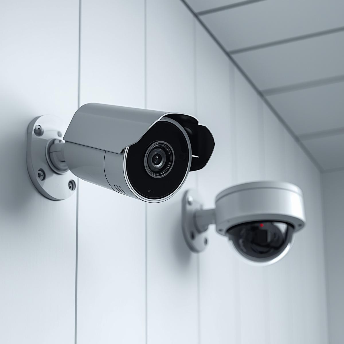 real surveillance camera installation, one or two cctv cameras (bullet and dome) mounted on wall, clearly visible lenses and brackets, realistic materials, clean background, focus on ca