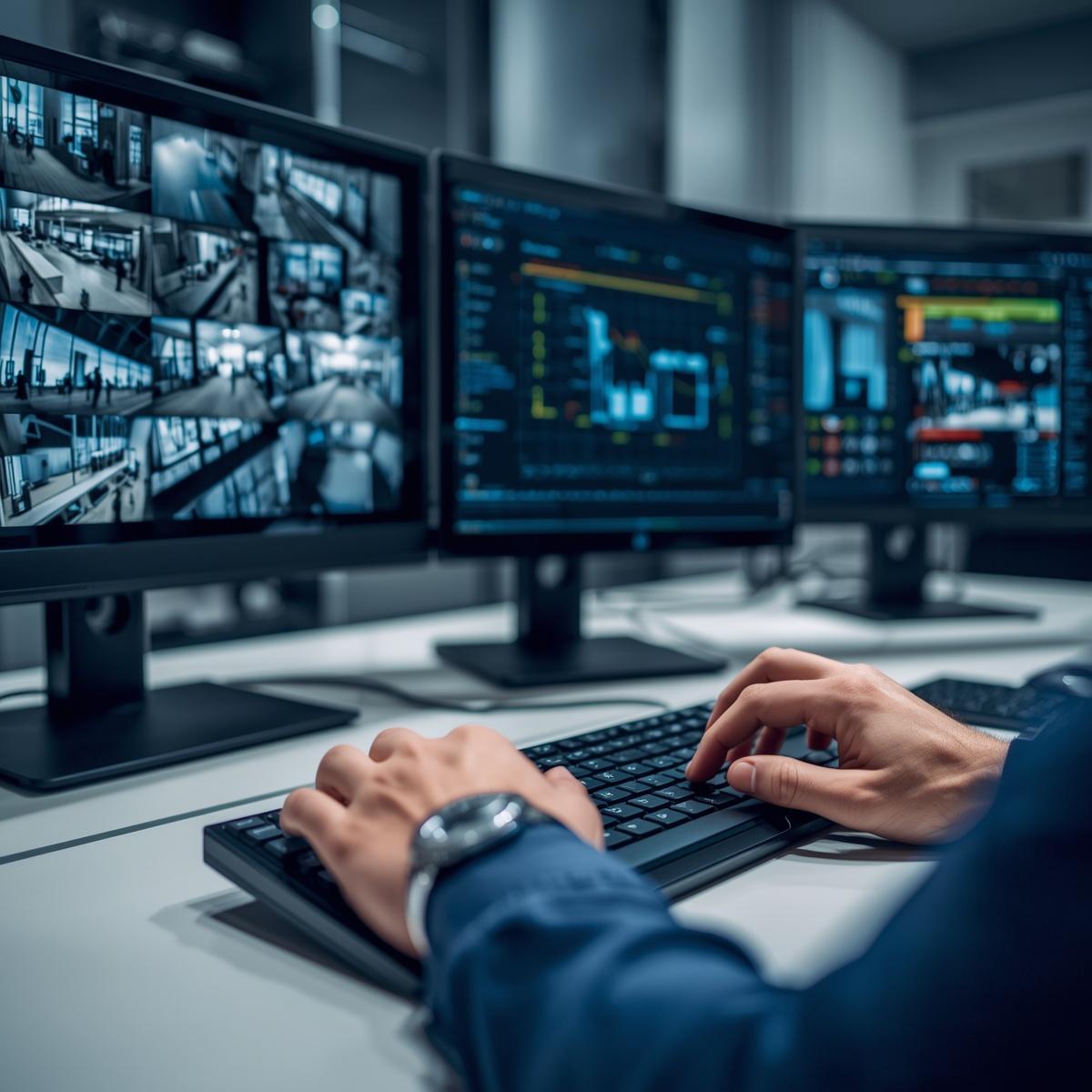 security control room or workstation, multiple monitors showing surveillance feeds and access control interface, realistic ui, operator hands on keyboard (no face), clean professional e