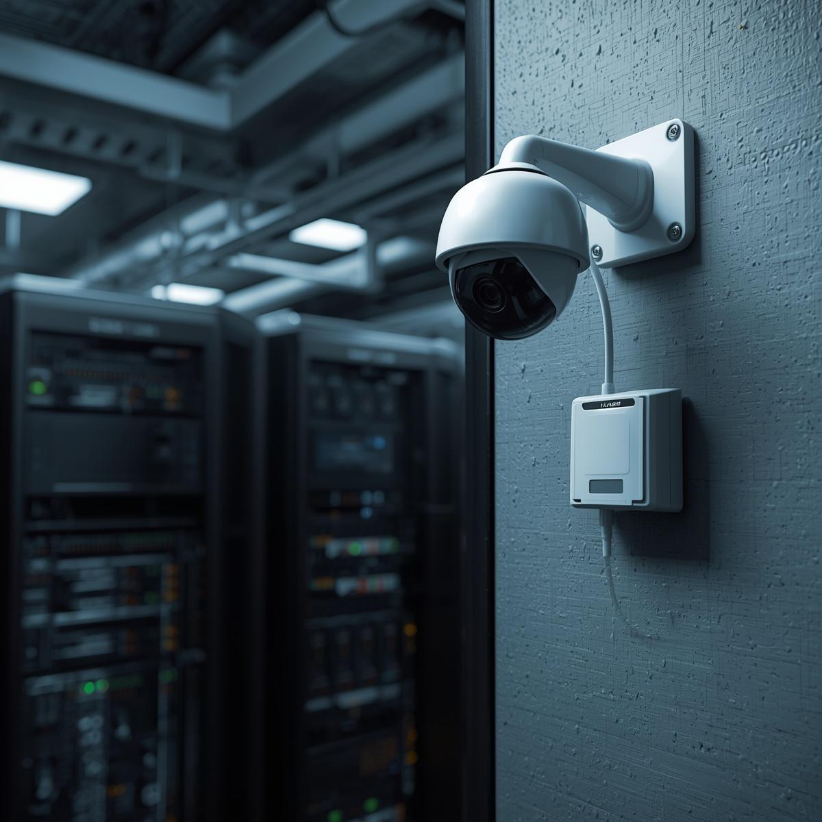 security system in technical room, single surveillance camera monitoring equipment area, visible sensor or alarm device, industrial or it environment, realistic installation, slightly i