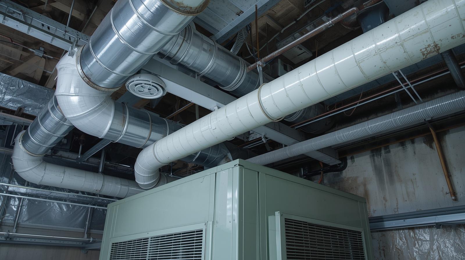 technical air conditioning system for equipment room, industrial hvac unit, visible ducts and ventilation system, installation detail, realistic materials, slightly worn surfaces, real