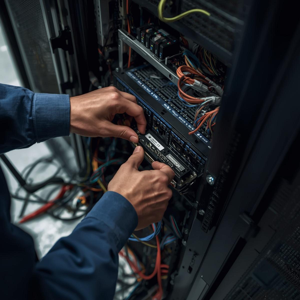 technician repairing network equipment inside rack, tools visible, open cabinet with cables, hands working on hardware, realistic troubleshooting scenario, slightly messy but controlled