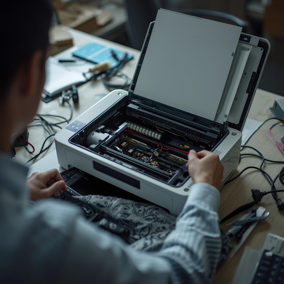 technician repairing office printer, open printer with visible internal components (rollers, cartridges area), hands working on device, realistic office environment, slightly messy desk