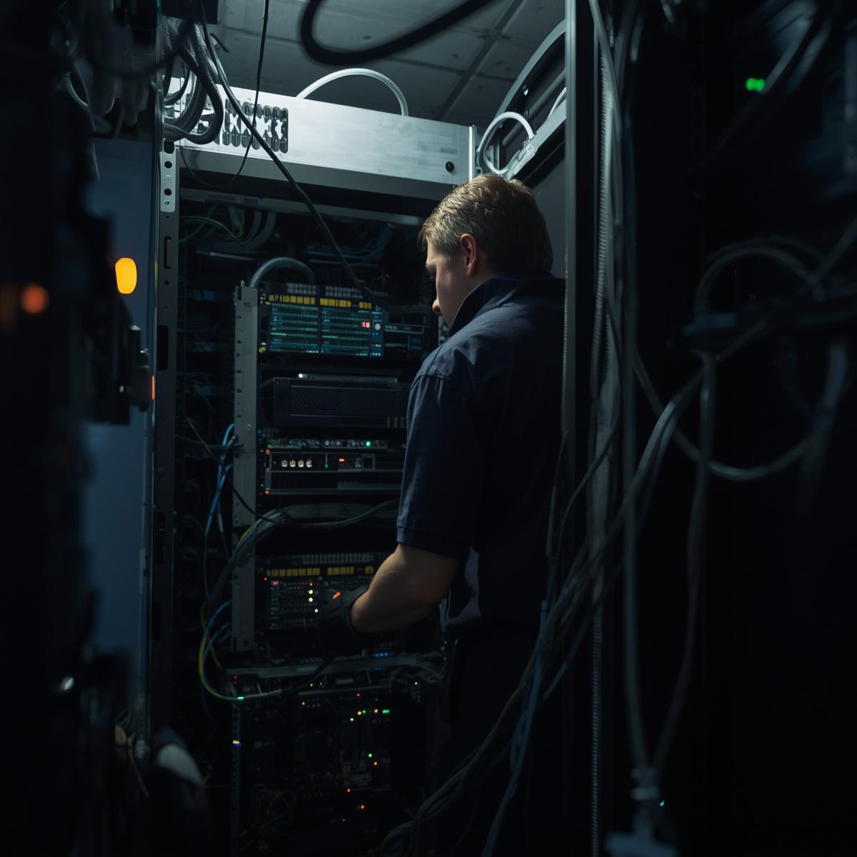technician servicing server rack in small server room, visible cables not perfectly organized, led lights irregular, slightly cramped environment, removing server unit, realistic indust