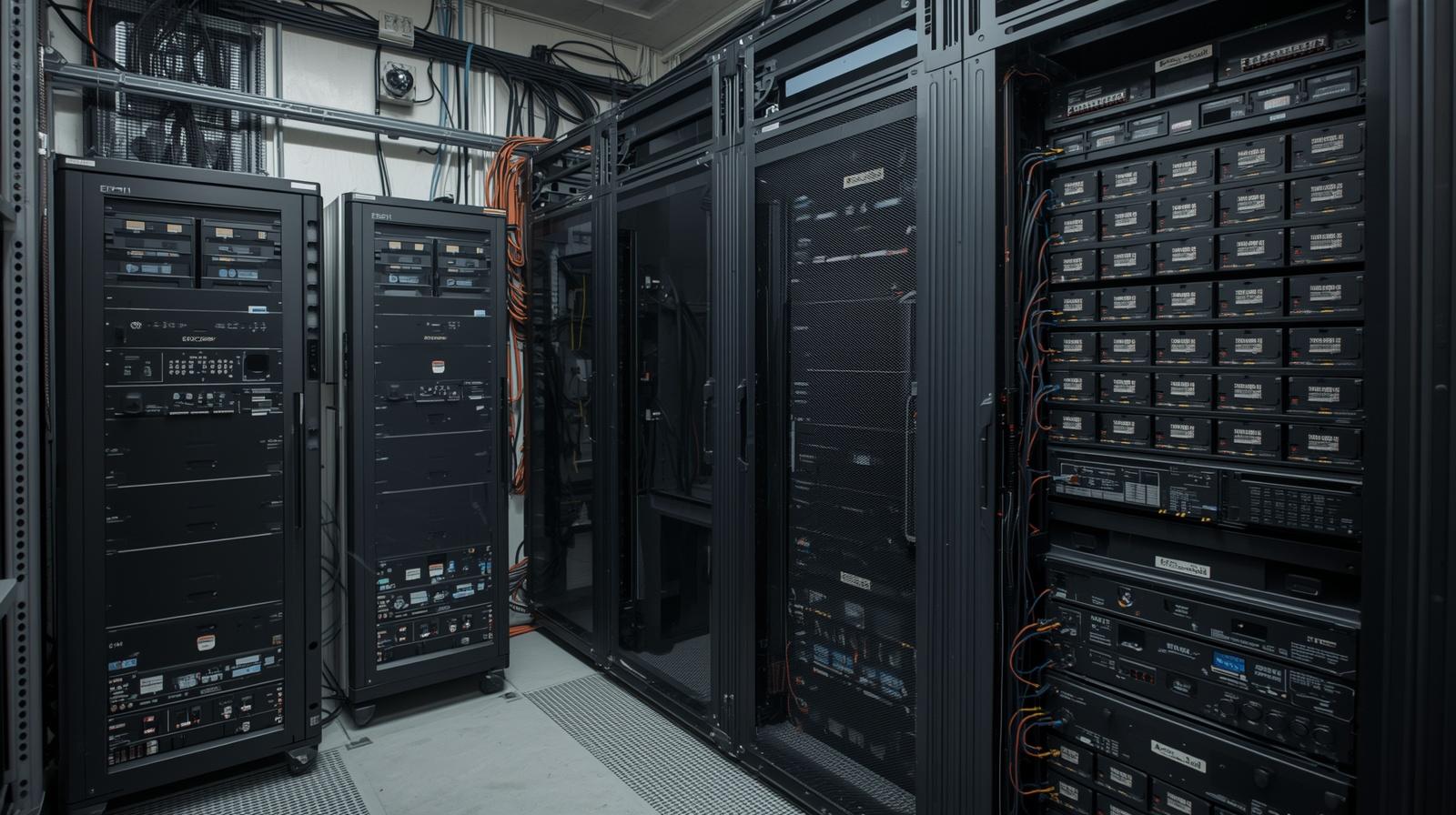 uninterruptible power supply ups units installed in technical room, floor standing or rack units with visible connections, cables and battery modules, real installation, no perfect symm